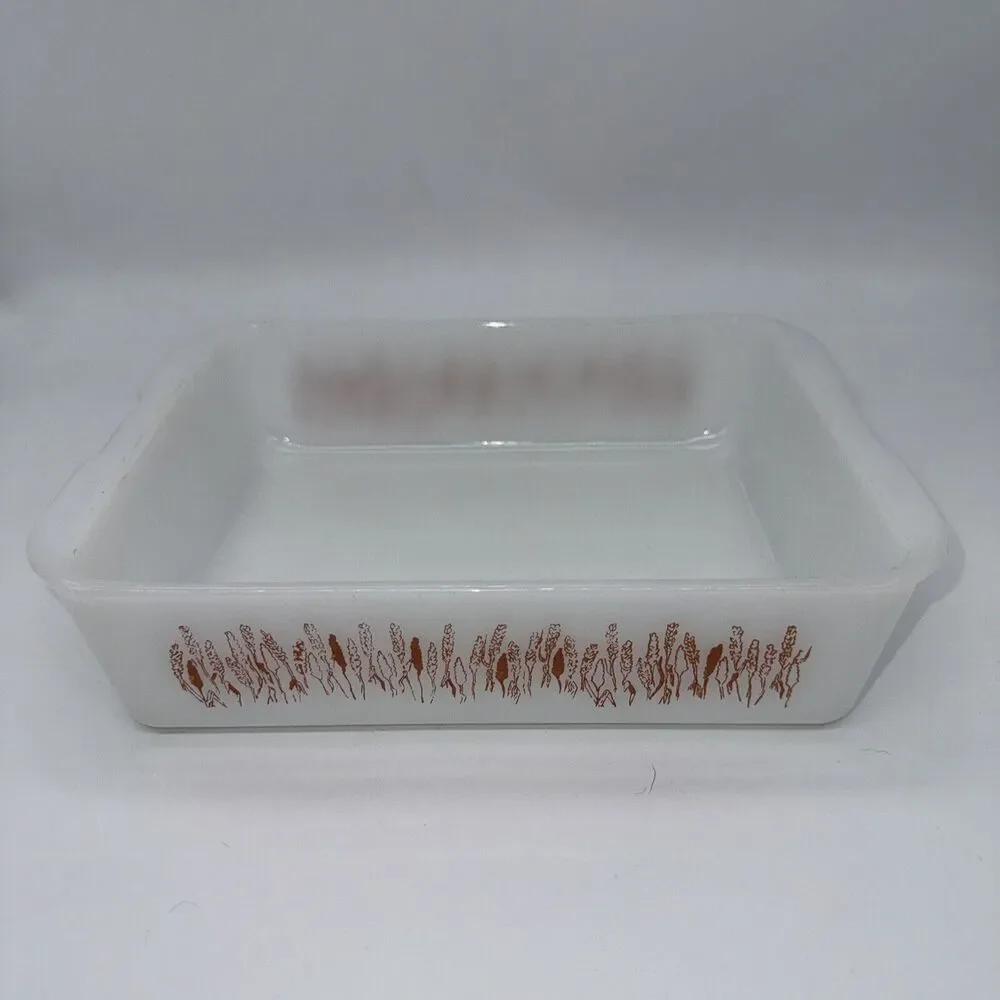 VTG White Ceramic Baking‎ Dish with Copper Wheat Pattern Farmhouse Kitchen Decor